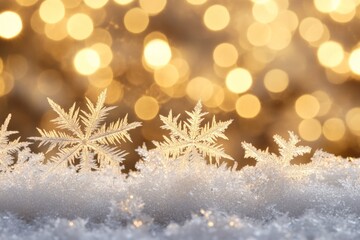 Aufkleber - Snowflakes glistening on a snowy surface with a warm bokeh background during the winter season