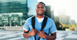 © peopleimages.com - Portrait, black man and medical student in city of healthcare study, about us and education ambition. Male person, backpack and morning commute of nursing internship, academic scholarship and program
