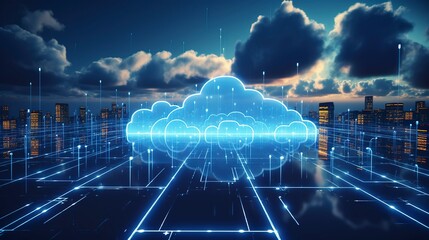 A photo of a cloud computing concept with data syncing