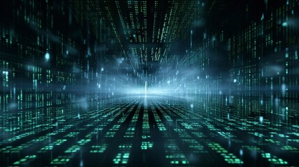 A photo of a computer code matrix in a virtual space.