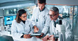 © peopleimages.com - Medical, science and tablet with people in laboratory together for breakthrough or development. Feedback, microscope and review with research team in clinical trial for conversation or discussion