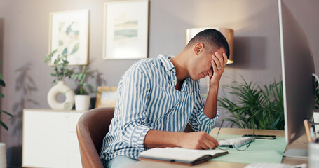Aufkleber - Frustrated man, headache or glasses with computer for eye strain, mistake or deadline at home. Tired, male person or freelancer with migraine, vertigo or stress for overworked tasks or failed project