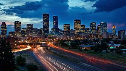Fototapete - A city skyline at night with a lot of lights on