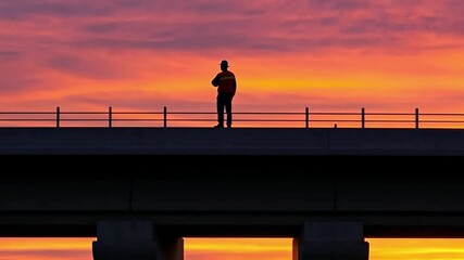 Fototapete - A man in a safety vest stands on a bridge at sunset