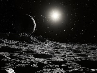 a black and white photo of a planet with a star shining bright in the background