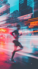 Poster - Urban Velocity Next-Gen Fitness Technology Meets Cyberpunk Aesthetics - Dynamic Millennial Runner Transforming City Mobility Through Wearable Innovation