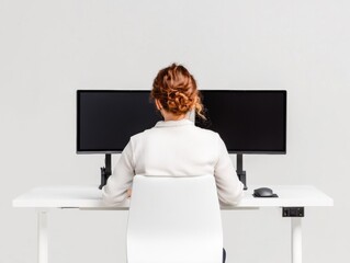 Fototapete - Ergonomic Wellness Revolution Minimalist Dual-Monitor Workspace Design for Optimal Productivity and Gen Z Professional Comfort