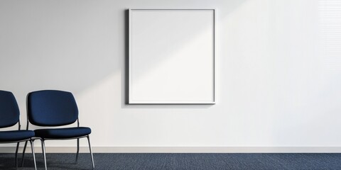 Poster - Minimalist Corporate Mockup Clean White Wall with Empty Frame, Navy Chairs - Modern Professional Space for Brand Communication and Design Visualization