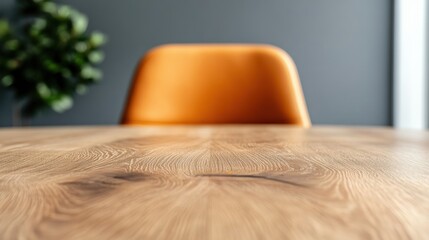 Aufkleber - Minimalist Interior Design Sleek Orange Ergonomic Chair with Warm Wood Grain Texture - Contemporary Workspace Aesthetic for Comfort-Driven Professional Environments