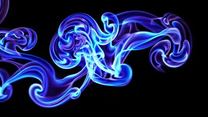 Poster - Vibrant blue smoke swirls on black background, abstract art. Creative design concept