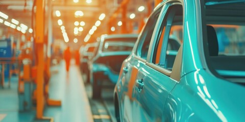 Poster - Next-Gen Automotive Manufacturing Sleek Teal Electric Vehicle Production Line Showcasing Advanced Industry 0 Precision and Sustainable Mobility Innovation