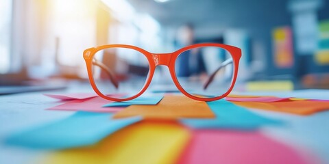 Fototapete - Vibrant Creative Vision Bold Orange Eyewear on Colorful Workspace Grid - Innovative Design Thinking and Millennial Productivity Aesthetic