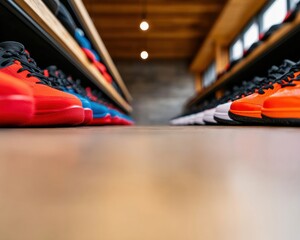 Aufkleber - Urban Sneaker Culture Vibrant Performance Footwear Display in Minimalist Retail Space - Streetwear Aesthetic and Digital-First Shopping Experience