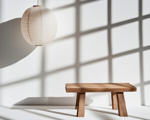 Aufkleber - Minimalist Zen Workspace Organic Wood Side Table with Paper Lantern - Scandinavian Design Meets Mindful Productivity in Contemporary Interior Styling