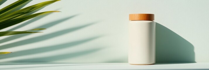 Poster - Minimalist Wellness Packaging Sustainable Ceramic Bottle with Natural Botanical Shadow Play - Modern Lifestyle Product for Eco-Conscious Branding