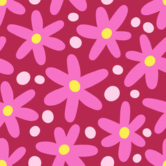 Fototapete - Seamless floral pattern. Groovy daisies, endless design. Summer flowers and dots, repeating background, print, repeatable texture for textile, fabric, wallpaper, wrapping. Flat vector illustration