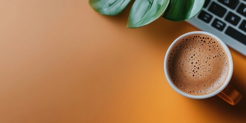 Leinwandbilder - Minimalist Digital Workspace Immersive Remote Work Aesthetic with Tropical Leaf and Frothy Coffee - Creative Productivity in Modern Freelance Lifestyle