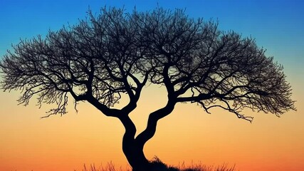 Poster - A tree with a large trunk and branches is silhouetted against a beautiful sunset