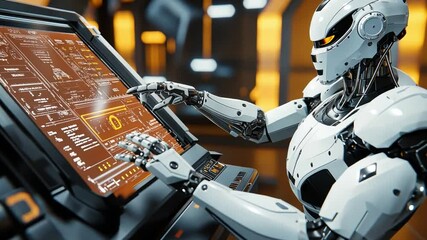 Aufkleber - A robot is sitting in front of a computer monitor