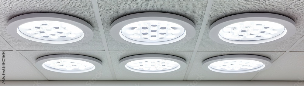 Suspended Circular Lights Embedded in a Modular Ceiling Grid System ...