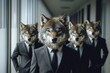 © grey - A pack of wolves in business attire, standing in an office corridor.