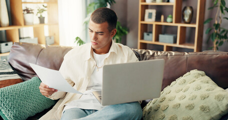 Poster - Budget, man and paperwork with laptop on sofa for financial planning, internet banking and reading insurance bills. Finance, person and documents in home for debt review, asset management and website