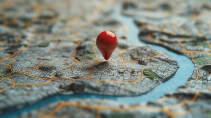 Wall Mural - red pin pointing location on 3d physical map