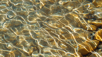Poster - Crystal clear water with gentle ripples creates mesmerizing pattern over smooth stones, reflecting sunlight in serene and calming scene
