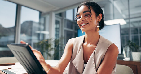 Poster - Scroll, business woman and tablet in office for communication, social media and content writing. Technology, smile and employee in creative startup for online review, article and working on project
