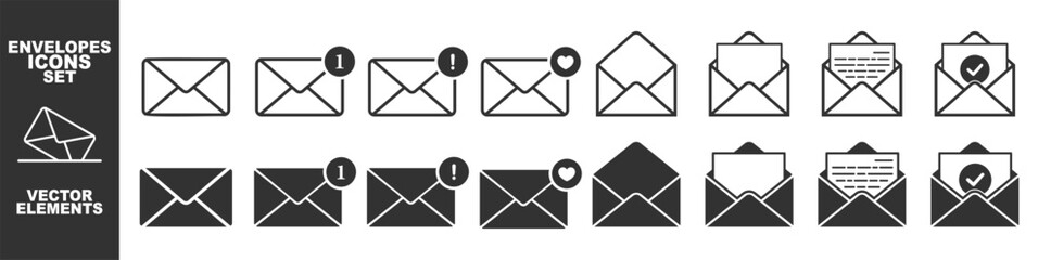 Wall Mural - email envelope icon vector set isolated on transparent. containing love letter, envelope, message, e