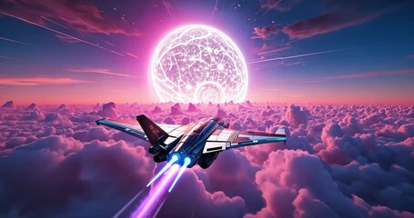 Wall Mural - Futuristic jet plane flying through pink clouds, giant glowing moon background.  Possible use Science fiction stock photo