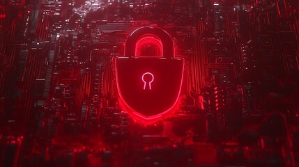 Wall Mural - bright red digital lock symbol on a circuit board background representing cybersecurity and data pro