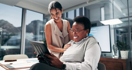 Poster - Design, friends and tablet with business people laughing in office for humor, joke or meme. Collaboration, creative and funny with employee women in workplace for project management or teamwork