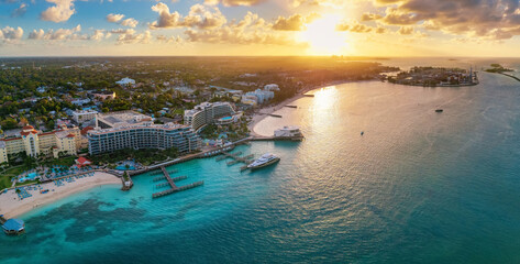 Wall Mural - aerial sunset view of the beautiful junkanoo beach next to nassau town, the bahamas, caribbean