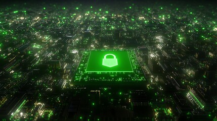 Wall Mural - futuristic cityscape with digital lock icon on green circuit board representing cybersecurity and te