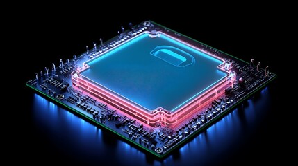 Wall Mural - futuristic glowing microprocessor design with neon lights and dark background for technology concept