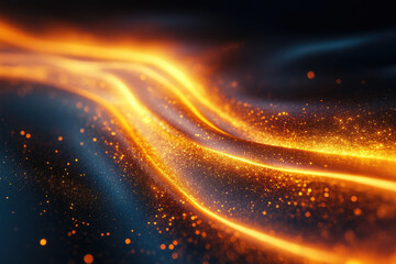 Poster - Abstract glowing wave of golden particles on a dark background, cosmic dust and energy.