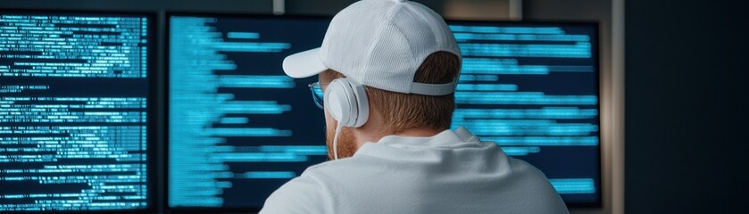 A focused individual coding in front of multiple computer screens displaying data.