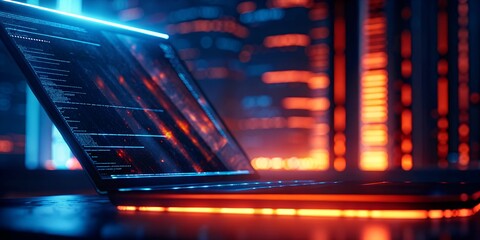 Holographic display showing complex code with futuristic neon lighting in a dark tech-inspired environment