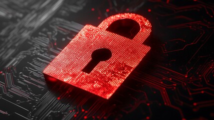 Wall Mural - red digital lock symbol on circuit background representing cybersecurity and data protection themes