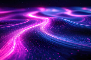 Poster - Abstract flowing neon waves of pink and blue light, creating a futuristic and ethereal digital landscape.