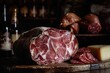 © Nutty - Italian Cold Cuts Display with Marble Meat Salami and Sliced Salami Cheese on Dark Vintage Cutting Board