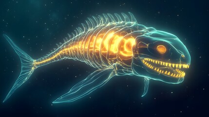 Wall Mural - a colossal deep-sea creature with translucent skin, revealing glowing organs inside, swimming throug