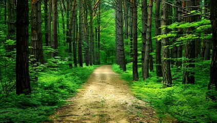 Naklejka na meble Dirt Path Through Lush Green Forest - Woodland Trail with Trees and Sunlight