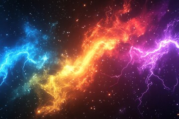 Wall Mural - abstract background with colorful lightning and starry sky, lightning in blue, orange, red, and purp