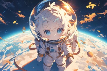 Wall Mural - cute anime girl astronaut with white hair in a spacesuit against the backdrop of a planet in space