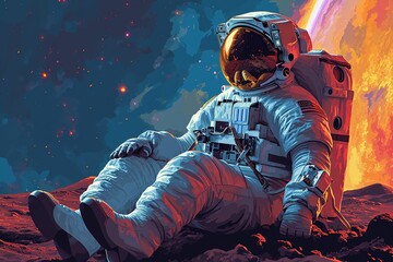 Wall Mural - illustration with an astronaut in a space uniform sitting on rocks on an asteroid