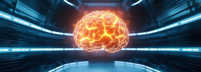 Wall Mural - a powerful artificial intelligence core floating inside a high-tech facility, pulsating with raw ene