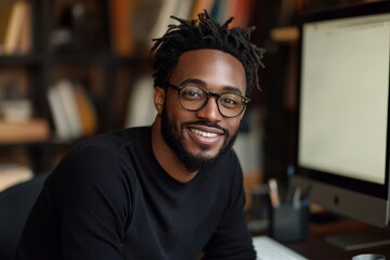 A handsome, smiling young American African man with glasses and a beard, sitting at a desk in front of a computer screen. He is wearing a black long-sleeve shirt, a casual work or study outfit. 