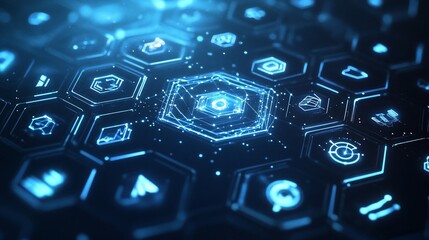 Digital interface with hexagonal icons representing technology features.